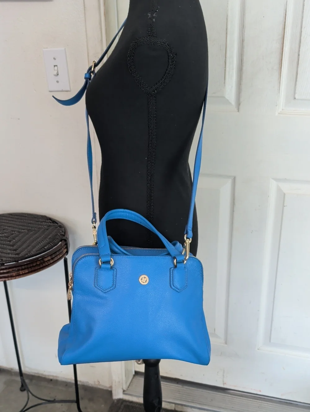 Ora Delphine Blue Pebbled Leather Crossbody Bag Gold Tone Hardware